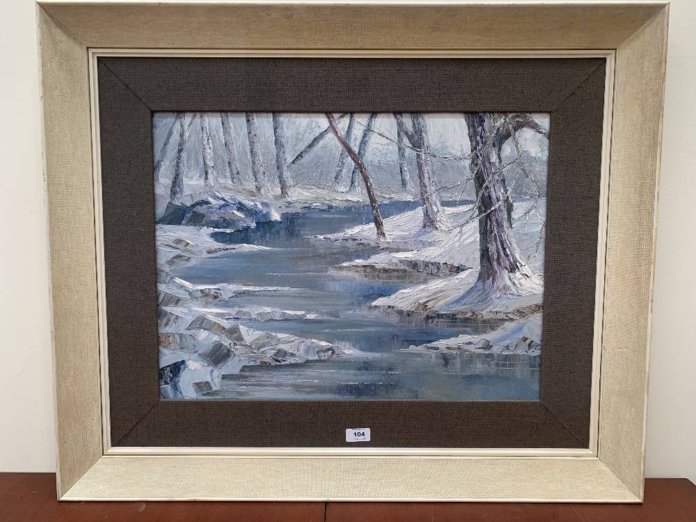 20th CENTURY SCHOOL Winter river scene. Oil on board. 17½' x 23'