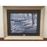 20th CENTURY SCHOOL Winter river scene. Oil on board. 17½' x 23'