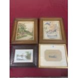 Two oak framed embroidered pictures and two small watercolour drawings