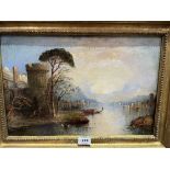 MANNER OF WILLIAM LINTON. BRITISH 1791-1876 A continental town by a lake at sunset. Oil on canvas.