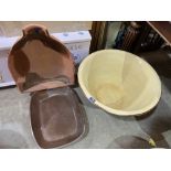 A large earthenware pancheon; a salt glazed dish and another unglazed (3)