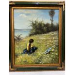 EUROPEAN SCHOOL. 20TH CENTURY Young girl in a flower meadow. Indistinctly signed. Oil on canvas