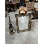 A gilt metal table lamp; a wall mirror; a jardiniere on stand and a West German vase. (4)