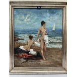 EUROPEAN SCHOOL. 20TH CENTURY Beach scene with two nudes. Indistinctly signed. Oil on canvas 24' x