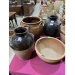 Two brewing jars, a slip decorated crock and an earthenware pancheon (4)