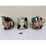 3 Royal Doulton character jugs, Robin Hood D6527; Anne Boleyn D6644 and The Falconer D6533