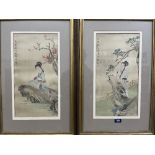 JAPANESE SCHOOL. 20TH CENTURY Ladies in a garden. A pair. Watercolour on textile. 18' x 9½'