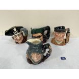 4 Royal Doulton character jugs, Golfer, D6623; Long John Silver, D6335; Rip Van Winkle, D6438 and