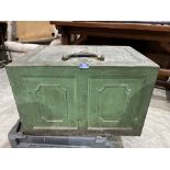 A 19th century cast iron strong box in original green paint. 24' wide x 16' high. Includes key