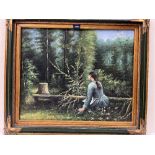 EUROPEAN SCHOOL. 20TH CENTURY Young girl sitting in a woodland glade. Indistinctly signed. Oil on