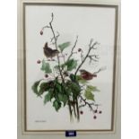 SHEILA M. GRADY. BRITISH 20TH CENTURY Wrens on tree ivy. Signed. Watercolour 17' x 12'