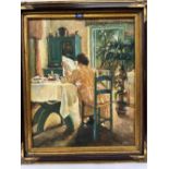 EUROPEAN SCHOOL. 20TH CENTURY Interior scene with lady reading a newspaper. Signed 'Vin Jon'. Oil on