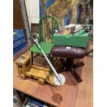 A child's chair; a wooden toy truck; a shooting stick, photographic slides and records