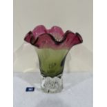 A ruby flashed green and clear glass studio vase. 11' high