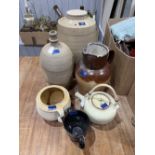A stoneware barrel and five other pottery items (6)