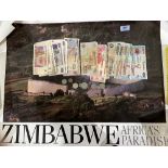 A collection of Zimbabwean posters, banknotes and coins