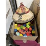 A box of vintage playbricks and 3 eastern woven rattan hats