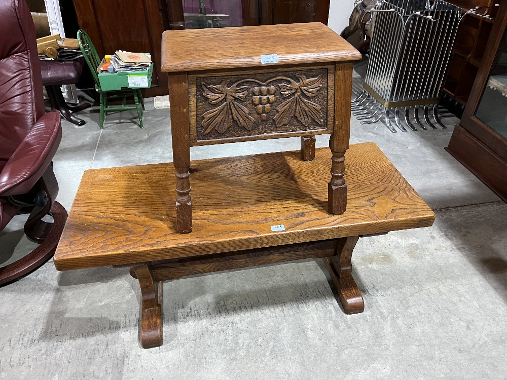 An oak carved work box and an elm low table