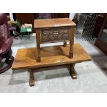 An oak carved work box and an elm low table