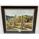 HOLLAND HUTCHEN. BRITISH 20TH CENTURY A cyprus landscape. Signed, inscribed verso. Oil on board