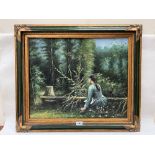 EURPOEAN SCHOOL. 20TH CENTURY Young girl sitting in a woodland glade. Indistinctly signed. Oil on