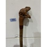 A hazel walking stick, the pommel hand carved as a frog. 49½' long