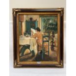 EUROPEAN SCHOOL. 20TH CENTURY Interior scene with lady reading a newspaper. Signed 'Vin Jon'. Oil on