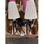 A black metal twin wall light with burgundy shades and another. (This lot subject to VAT on the