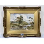 DAVID BATES. BRITISH 1840-1921 River scene with angler. Signed. Watercolour 10' x 14'. Unglazed