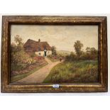 SIDNEY WATTS. BRITISH FL. 1890-1910 Cottage and figure in a landscape. Signed. Oil on canvas 16' x