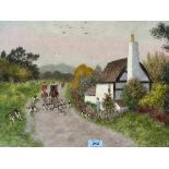 ARTHUR CHARLES SHORTHOUSE; R.B.S.A; BRITISH 1870-1953 Cottage scene with huntsmen and hounds.