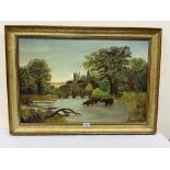 ENGLISH NAIVE SCHOOL. 20TH CENTURY A village scene and a river scene and distant church. A pair. Oil