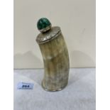 A horn and white metal mounted table snuffbox, the cover malachite cabochon knop. 6¾' high
