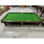 A 19th century mahogany billiard table on reeded feet. 53'L x 53'W x 9'H. Slate bed broken