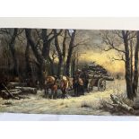 19TH CENTURY SCHOOL Winter logging scene. Indistinctly signed. Oil on canvas 30' x 50'. Unframed