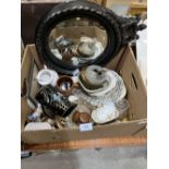 A box of ceramics and glassware and a convex wall mirror