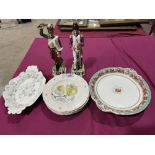 A pair of Naples soldier figures (A.F.); four Rosenthal plates; a Chamberlains Worcester dish and