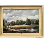 JENNINGS. BRITISH 20TH CENTURY Landscape with cottage and pond. Signed and dated '73. Oil on