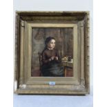 ENGLISH SCHOOL. 19TH CENTURY Interior scene with young girl knitting. Indistinctly signed with