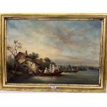 19TH CENTURY CONTINENTAL SCHOOL River landscapes with figures and boats. A pair. Oil on canvas