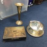 A LOT OF SILVER PLATED WARE INCLUDING TRAYS, ENTREE DISHES AND OTHER ITEMS