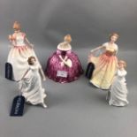 A ROYAL DOULTON FIGURE OF VICTORIA AND FOUR OTHER FIGURES