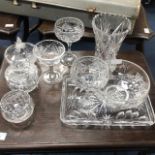 A LOT OF CRYSTAL INCLUDING A VASE, TRAY AND PRESERVE DISHES