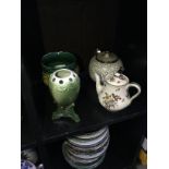 A LOT OF FIVE VARIOUS TEA POTS, A GREEN GLASS DECANTER AND OTHER TEA WARE