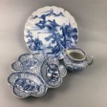 A BLUE AND WHITE TREFOIL DISH, CHARGER AND A JUG