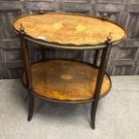 A STAINED WOOD TWO TIER OVAL TABLE