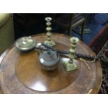 A PAIR OF BRASS CANDLESTICKS, COPPER KETTLE AND A BED WARMING PAN