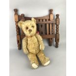 A VINTAGE DOLL COT, TEDDY BEAR AND OTHER TOYS