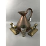 A LARGE COPPER JUG, BRASS FIRE SURROUND AND OTHER BRASS WARE