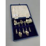 A LOT OF FIVE SILVER SPOONS IN FITTED CASE AND SUGAR SPOON